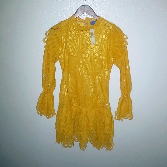 Blueprint Leni M Applique Lace Long Sleeved Mustard Yellow Mini Dress - Picture 2 of 10